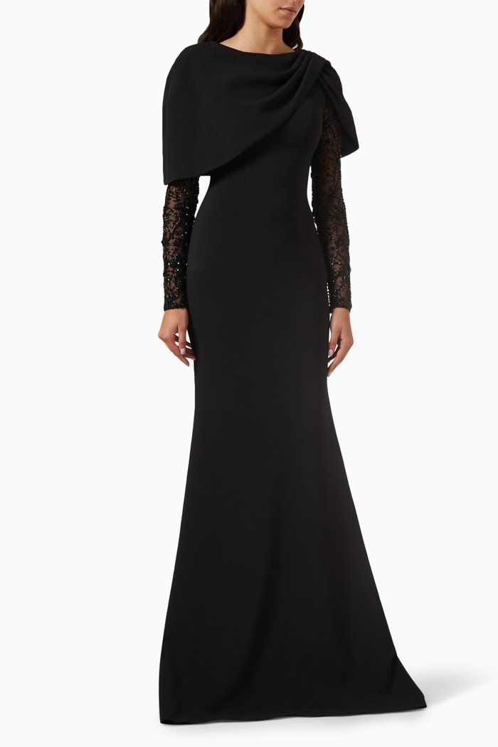 

Shawl-collar Crystal-sleeves Gown, Black