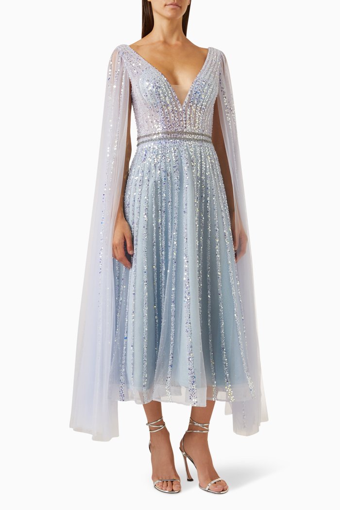 

Cape-sleeve Embellished Dress in Tulle, Multicolour