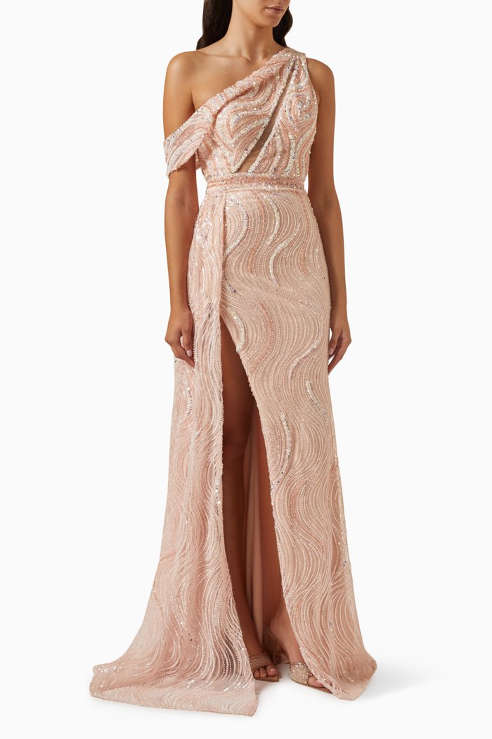 One-shoulder Beaded Gown in Tulle, Pink