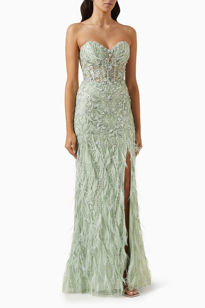 

Bead-embellished Strapless Dress, Green