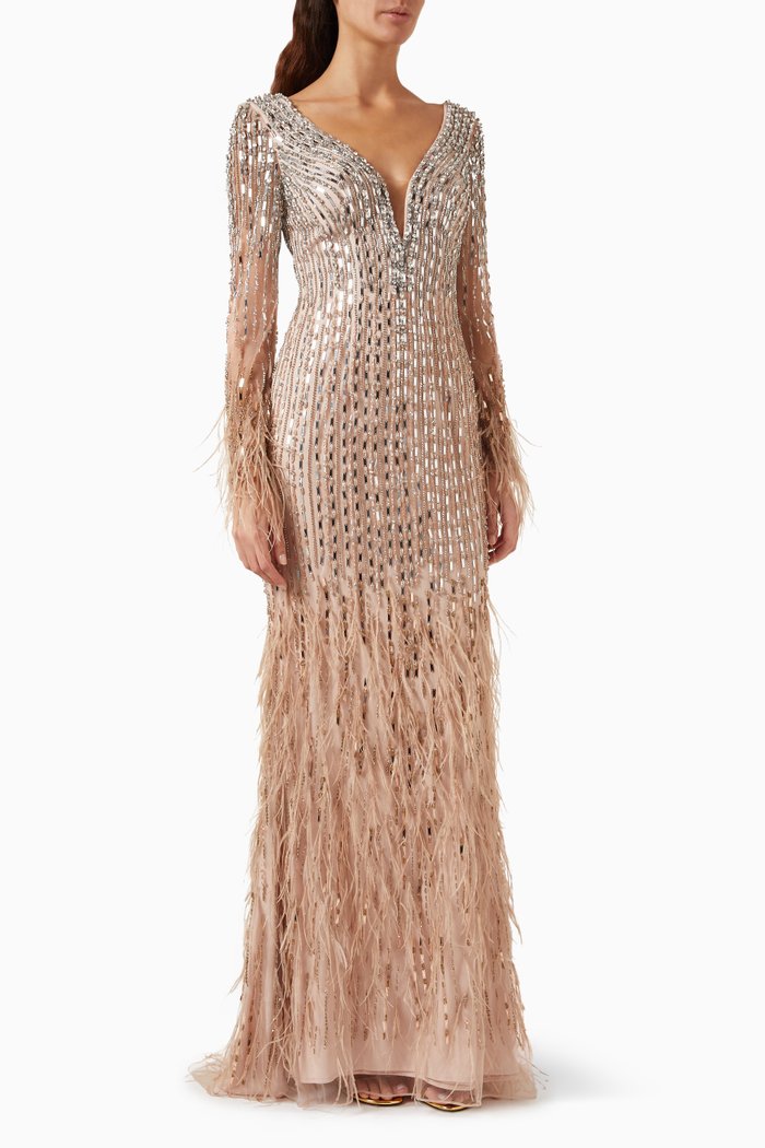 

Feather-trimmed Gown in Tulle, Gold