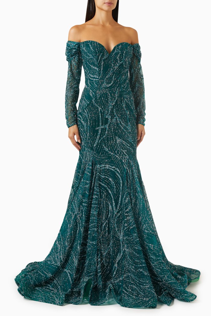 

Off-the-shouldesr Mermaid Gown in Glitter, Green