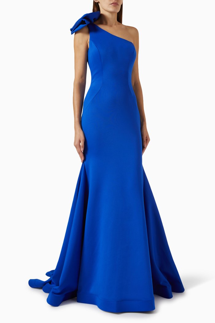 

One-shoulder Maxi Gown in Scuba, Blue