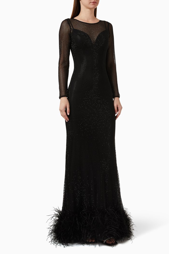 Feather-trim Gown in Mesh, Black