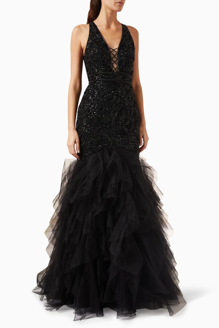 

Bead-embellished Gown in Tulle, Black