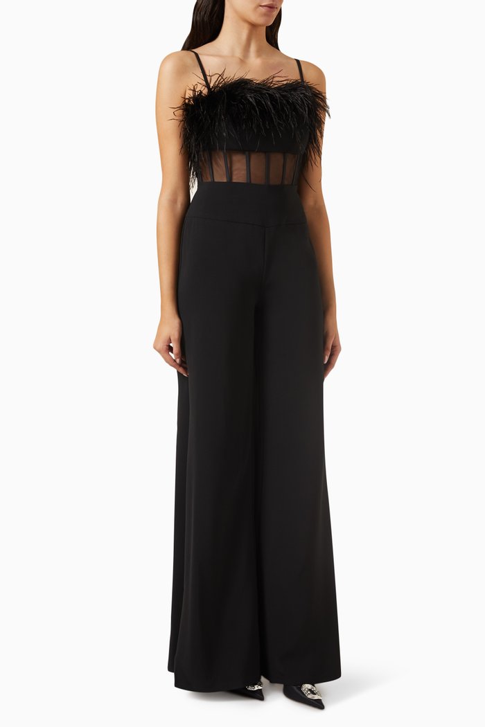 

Feather-trim Jumpsuit in Crepe, Black