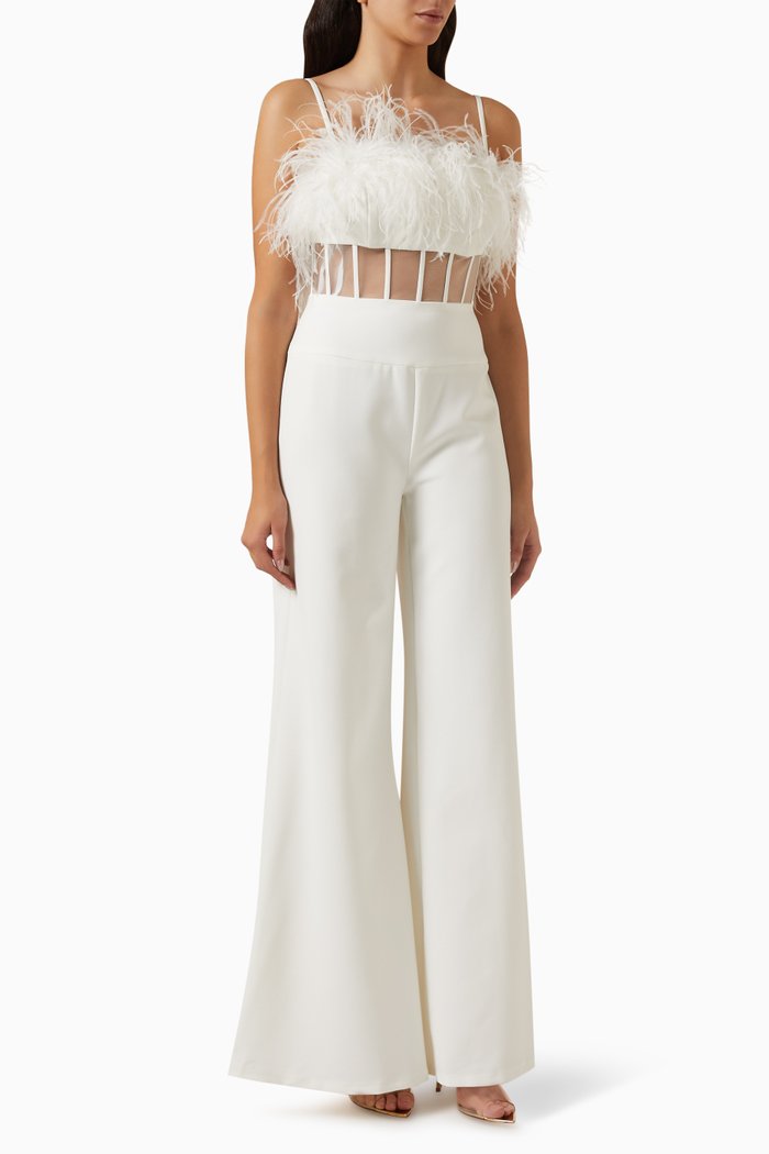 

Feather-trim Jumpsuit in Crepe, Neutral