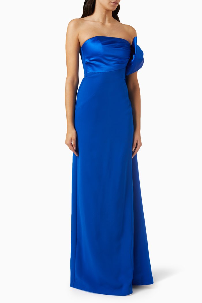 

One-shoulder Gown in Stretch Crepe & Satin, Blue