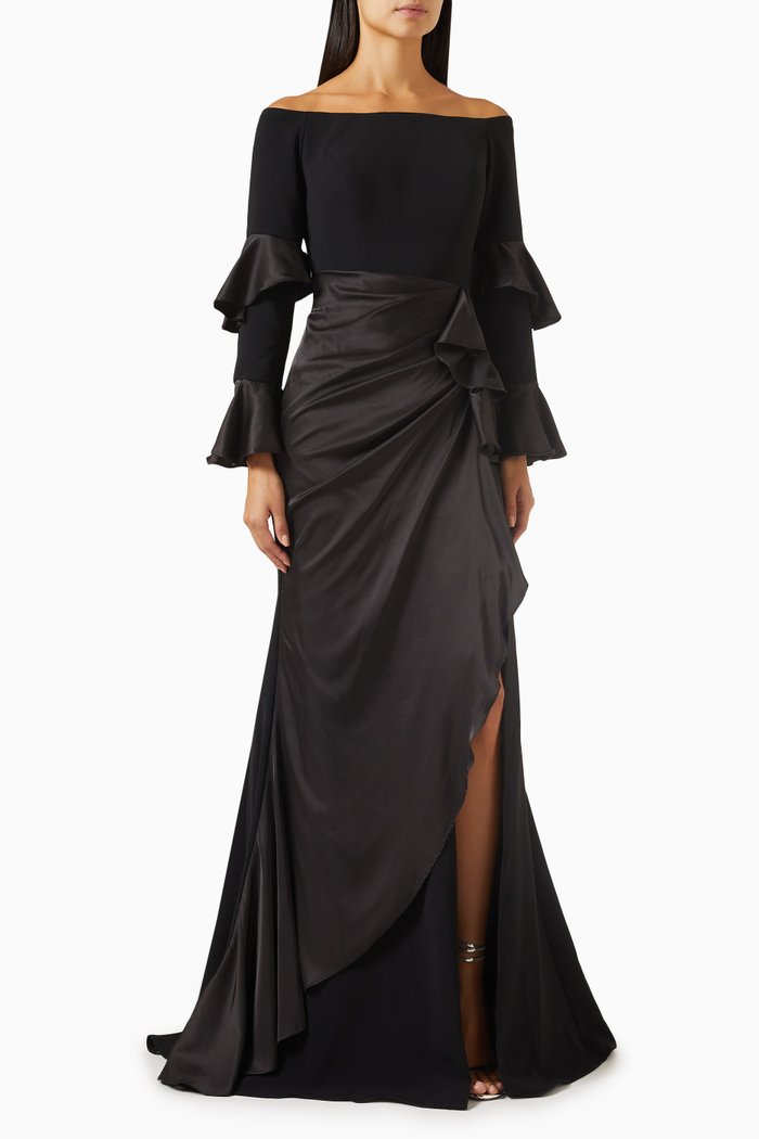 

Off-shoulder Ruffled Gown in Satin, Black