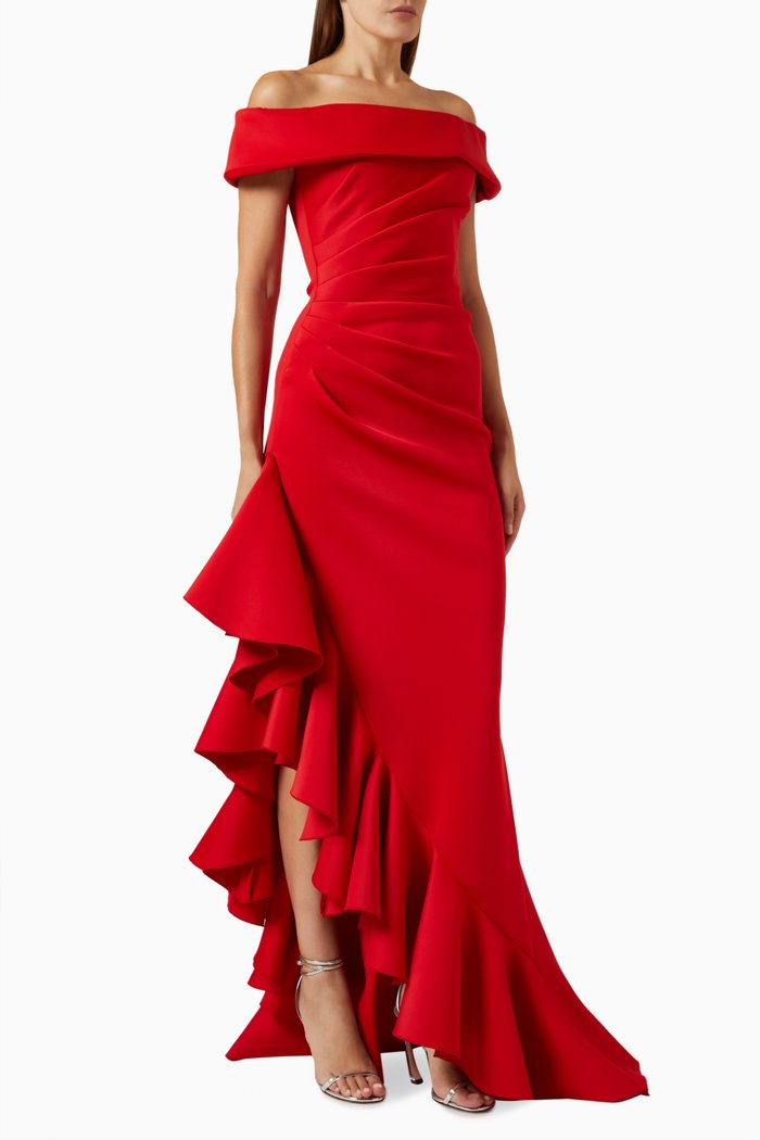 Off-shoulder Ruffle Gown, Red