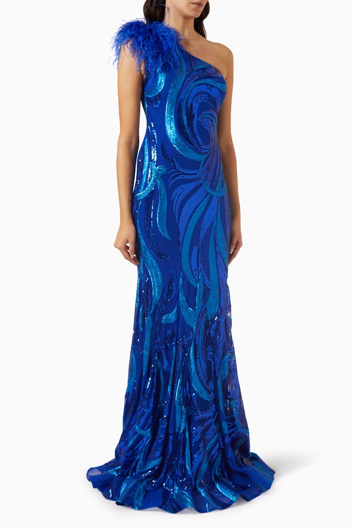 

One-shoulder Feather Embellished Gown, Blue