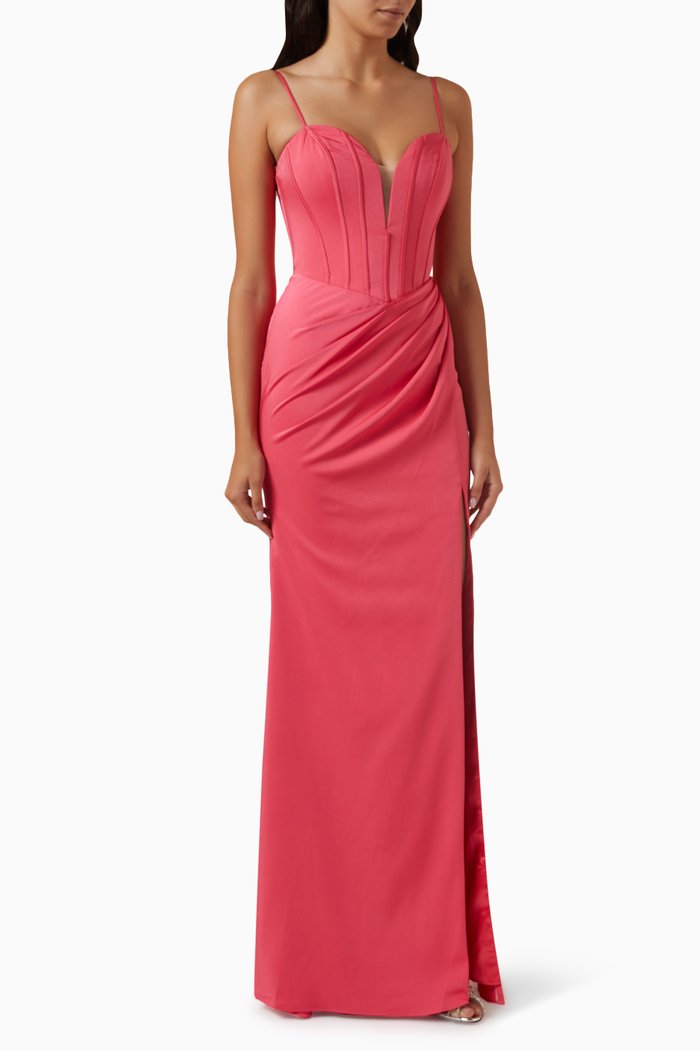 Corset Maxi Dress in Stretch-satin, Pink