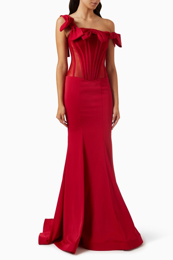 

One-shoulder Corset Gown in Satin, Red