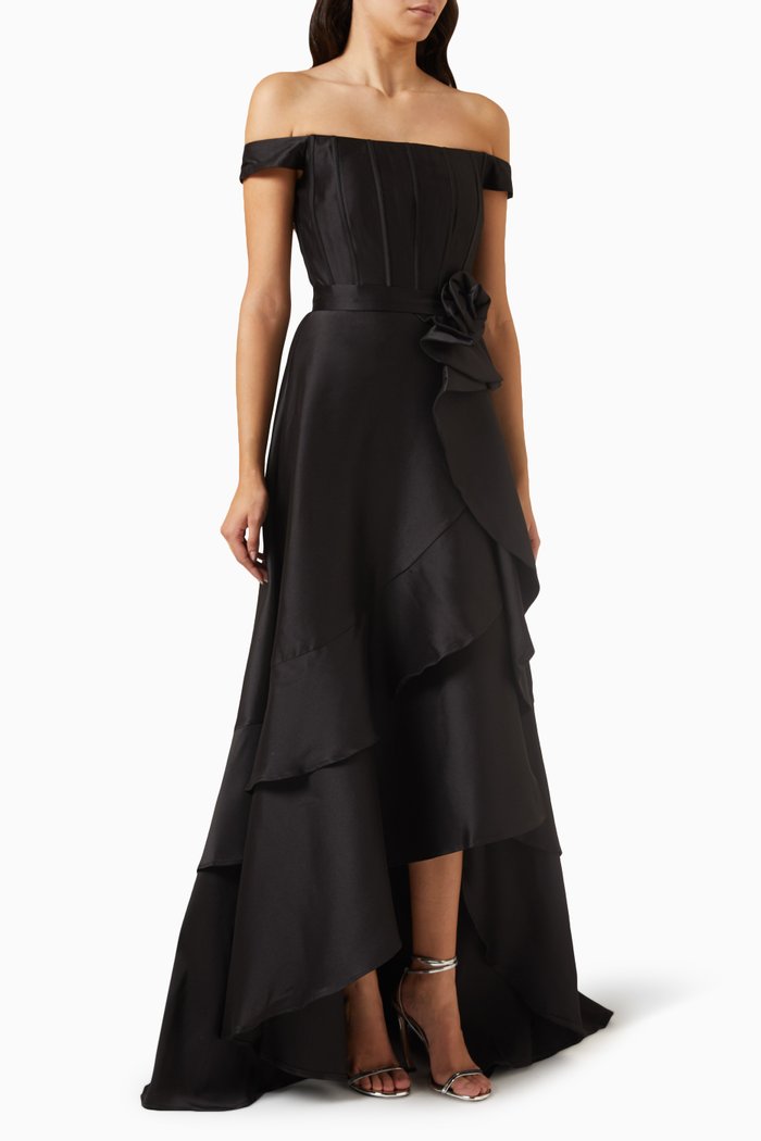 Off-shoulder Gown in Mikado, Black