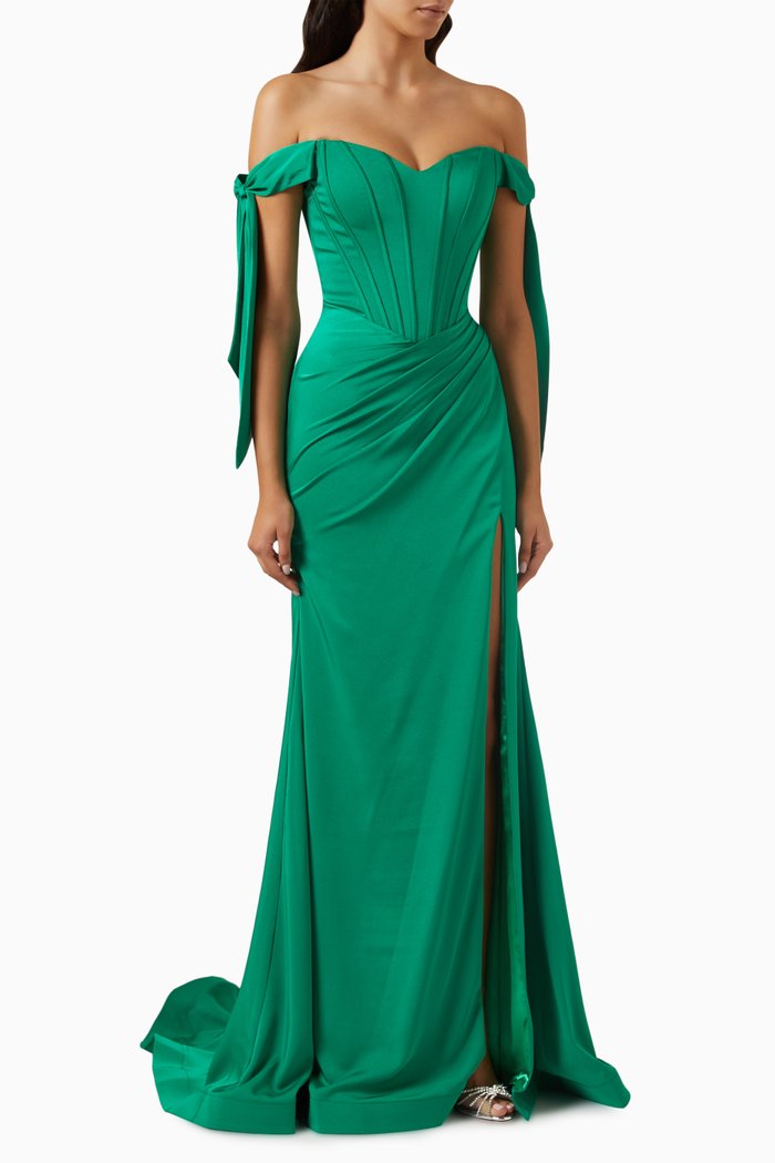

Off-the-shoulders Corset Gown in Satin, Green