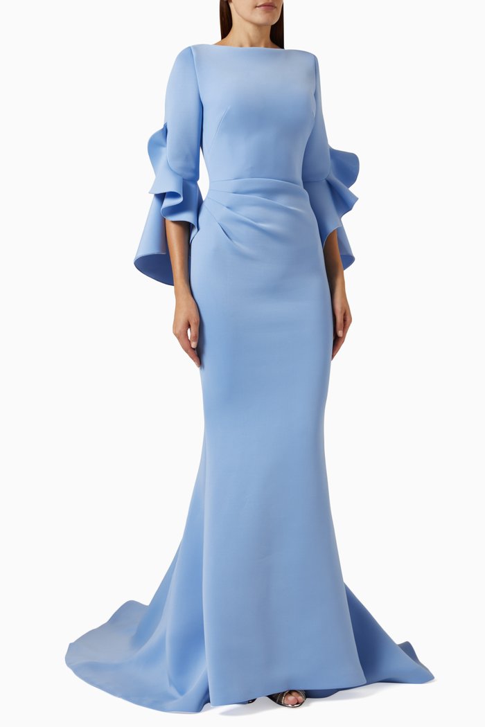 

Ruffled Mermaid Gown in Scuba, Blue