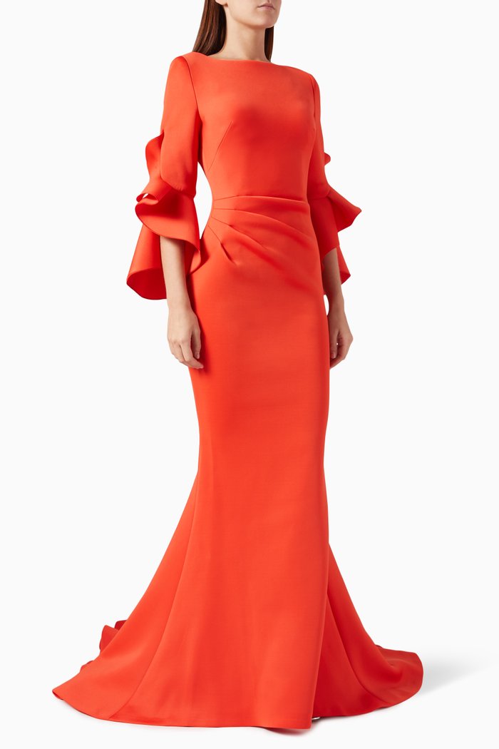 

Ruffled Mermaid Gown in Scuba, Orange