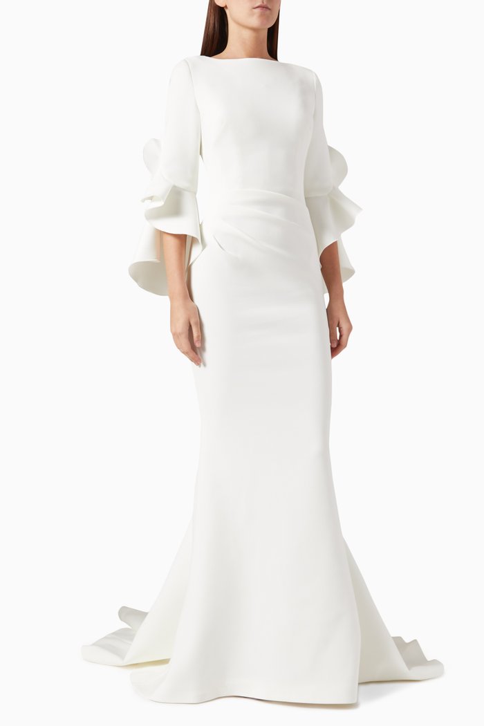 

Ruffled Mermaid Gown in Scuba, White