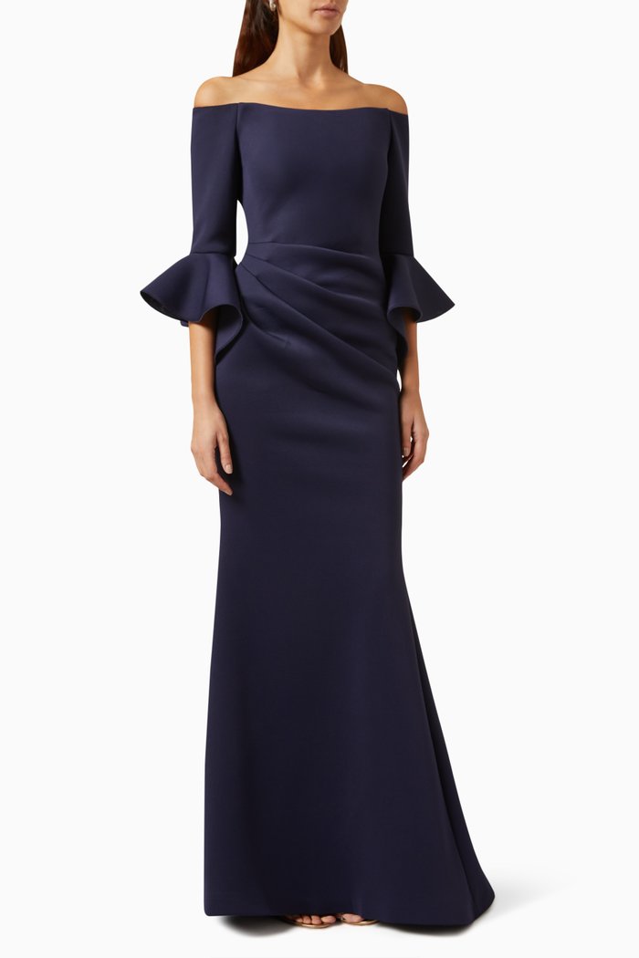 

Off-shoulder Ruffled Gown, Blue