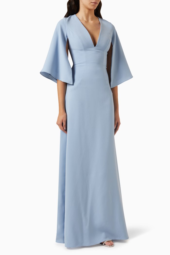 V-neck Gown in Stretch Crepe, Blue