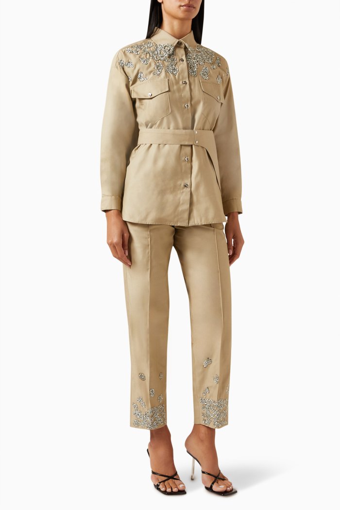 

Embellished Shirt & Pants Set in Cotton, Neutral