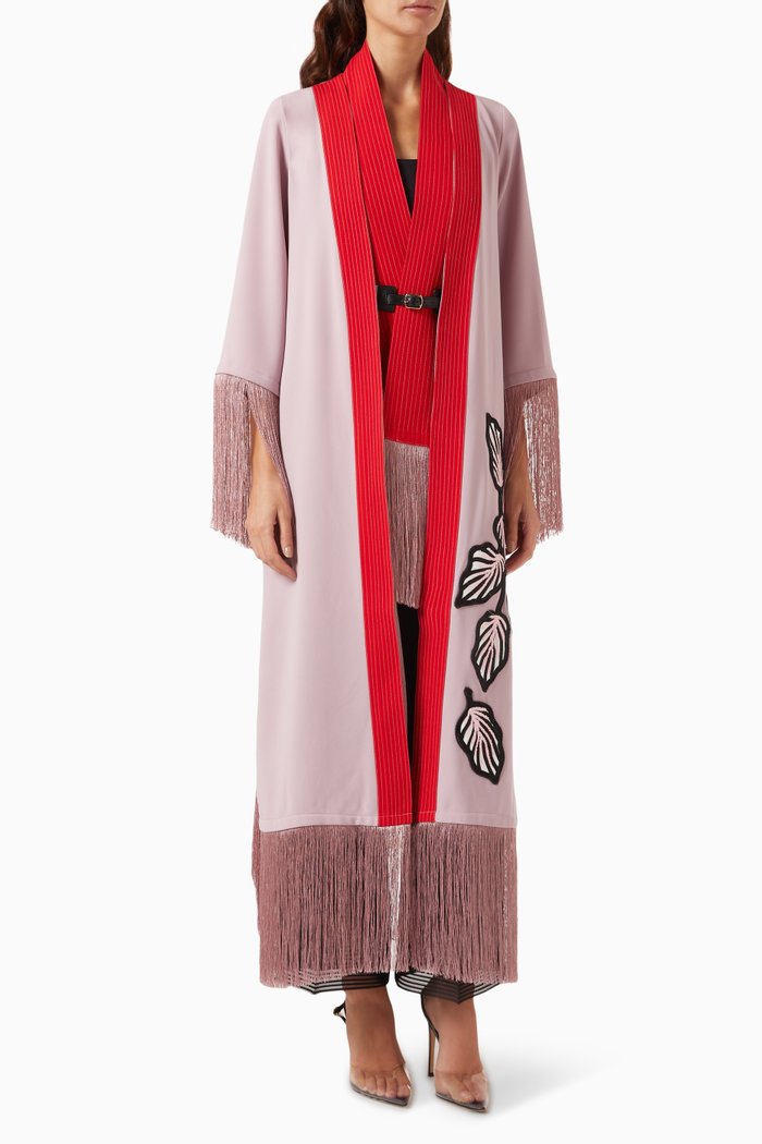 

Embellished Fringe Cardigan in Crepe, Pink