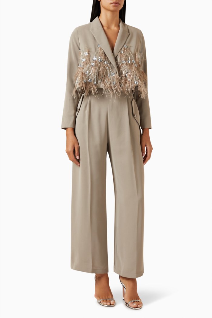 

Embellished Cropped Jacket & Pants Set in Crepe, Neutral
