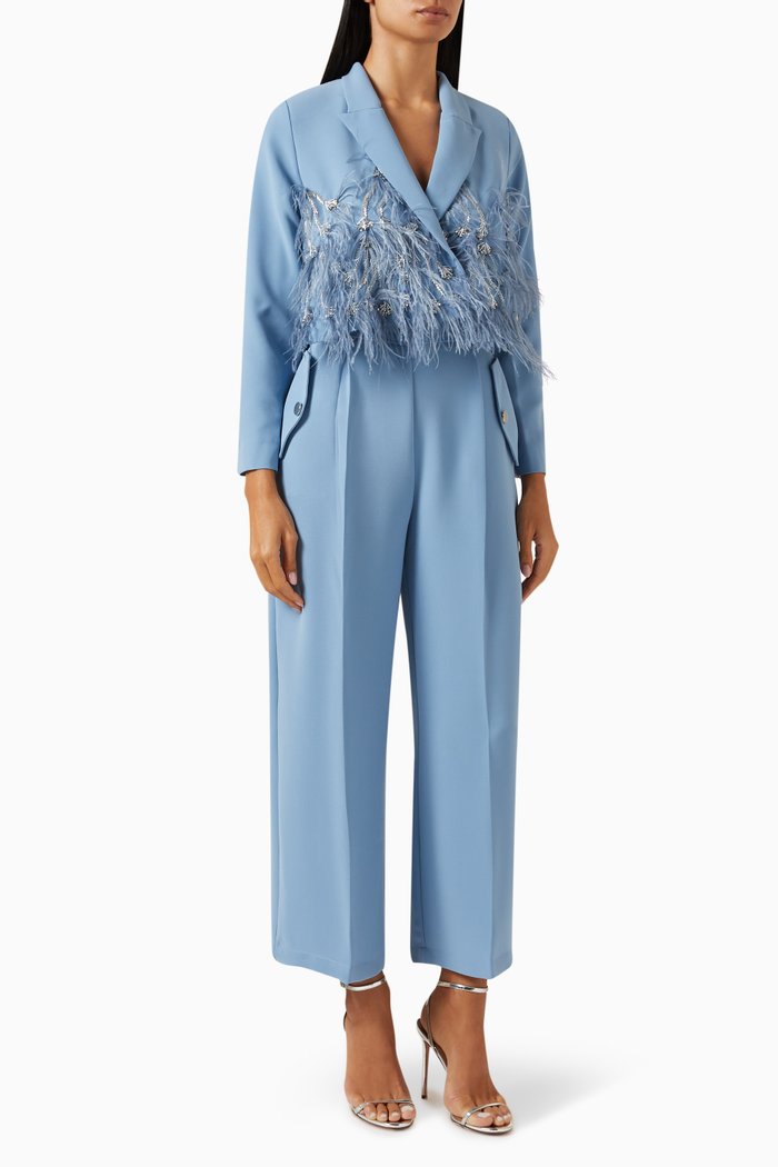 Embellished Cropped Jacket & Pants Set in Crepe, Blue