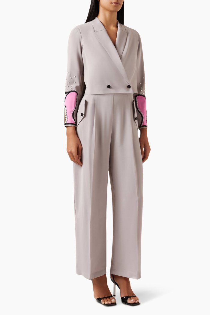 Embellished Jacket & Pants Set in Crepe, Neutral