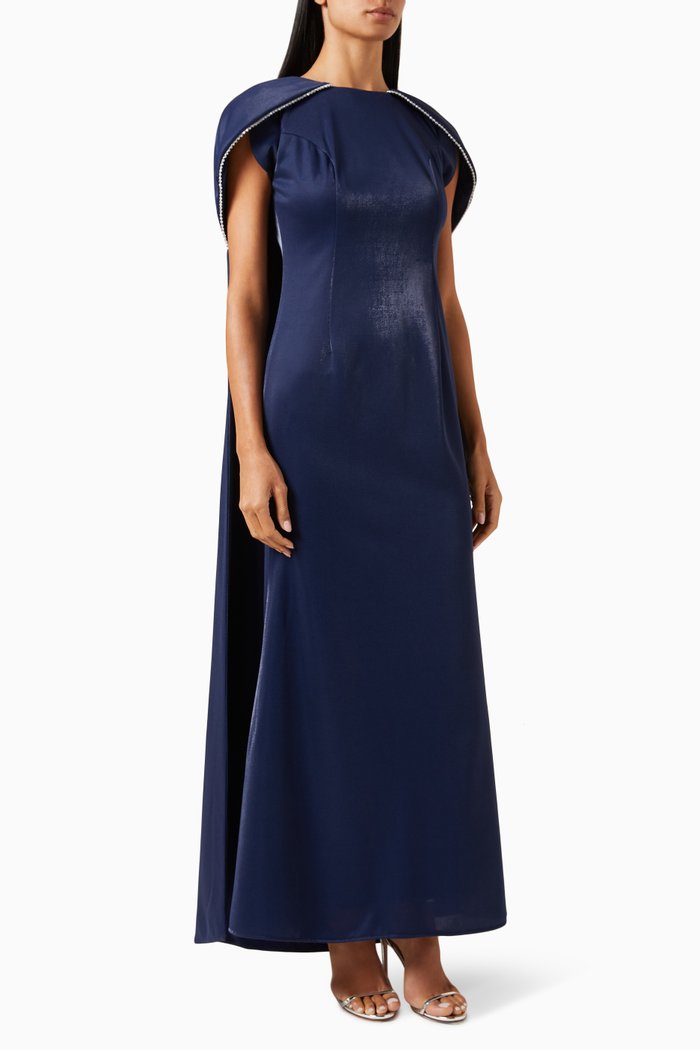 

Cape-sleeve Maxi Dress in Satin, Blue