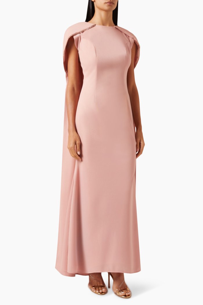 

Cape-sleeve Maxi Dress in Satin, Pink