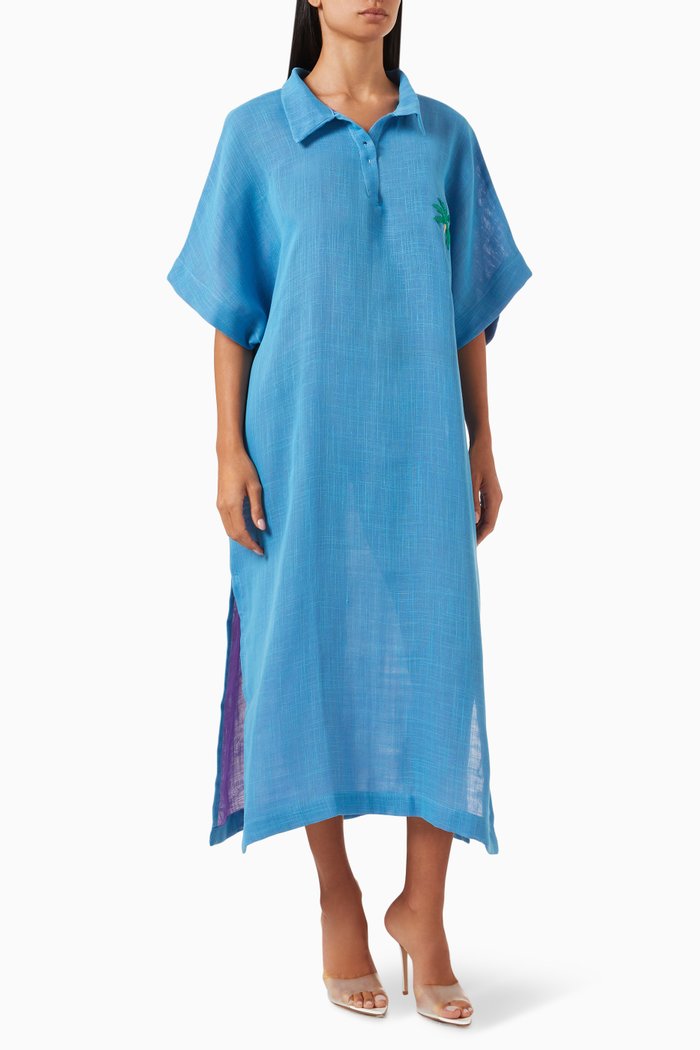 

Oversized Palm Tree Midi Dress in Linen, Blue