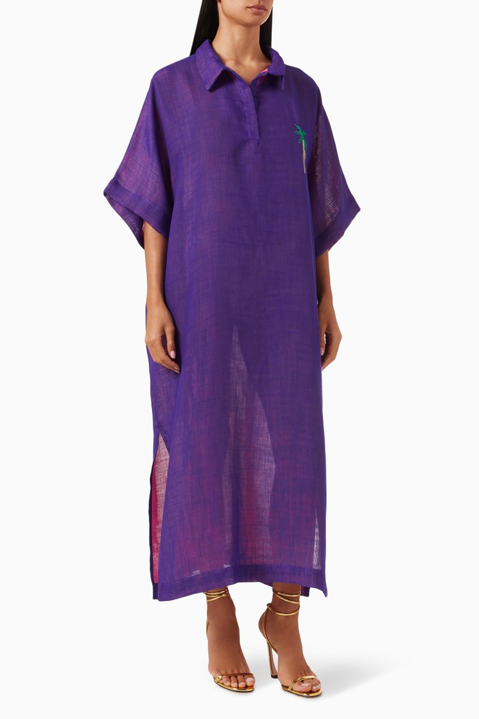 Oversized Palm Tree Midi Dress in Linen, Purple