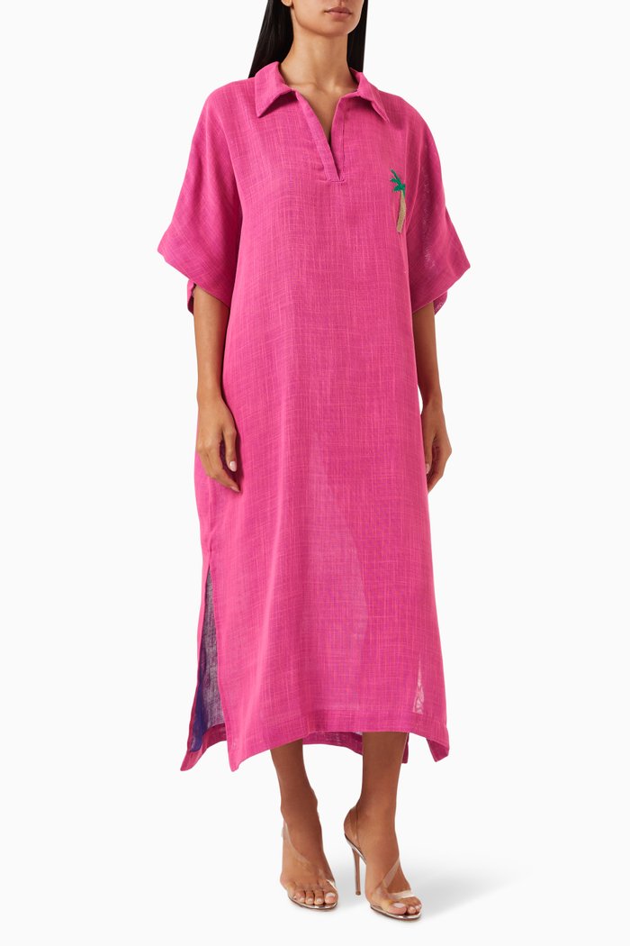 

Oversized Palm Tree Midi Dress in Linen, Pink