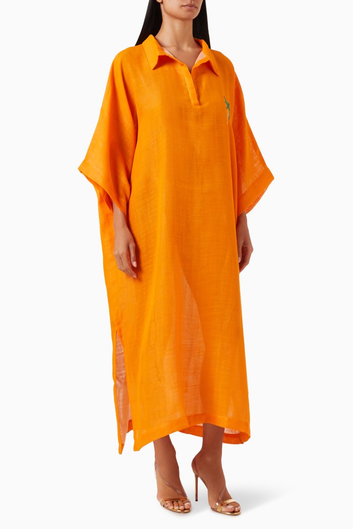 

Oversized Palm Tree Midi Dress in Linen, Orange