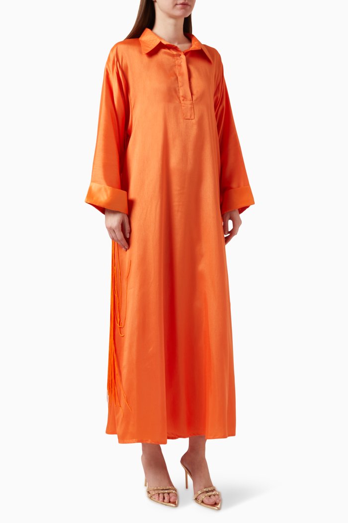 

Fringed Maxi Dress in Silk, Orange