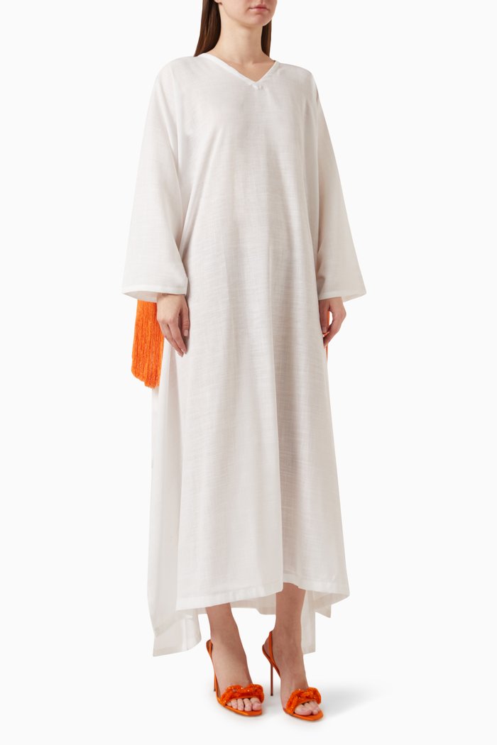 

Fringed Maxi Dress in Linen, White