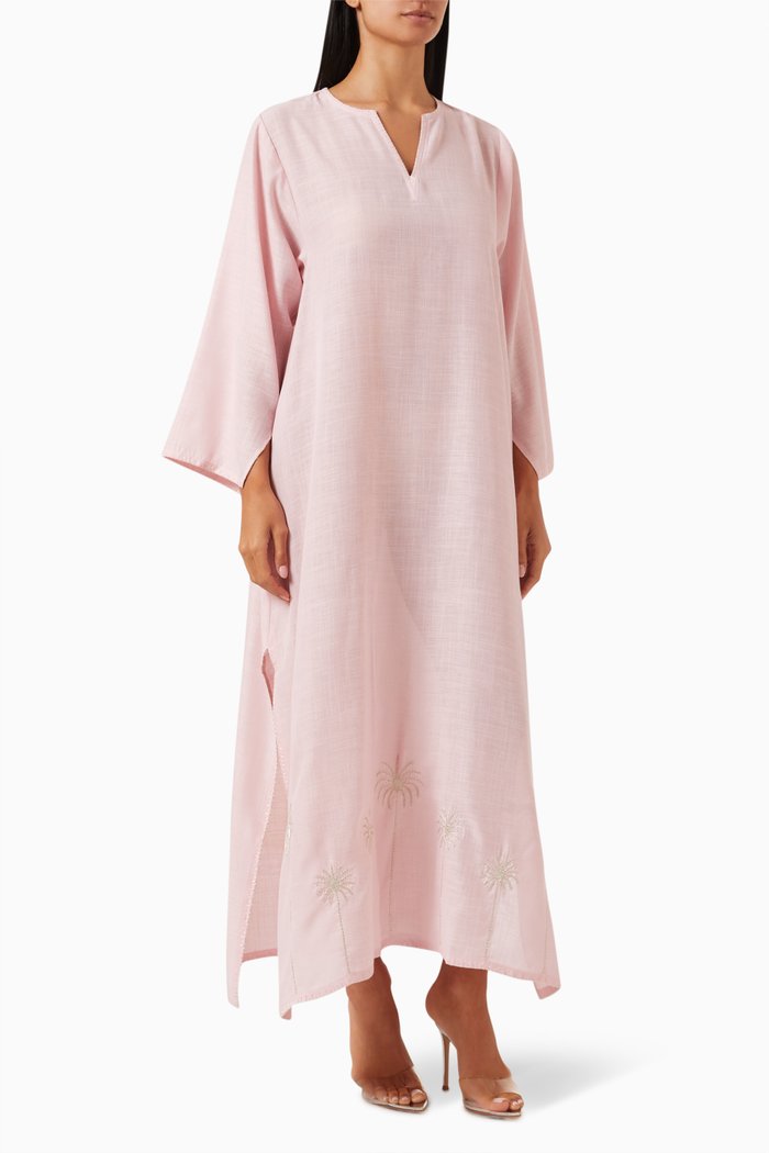 

Palm Tree Embroidered Maxi Dress in Linen, Pink