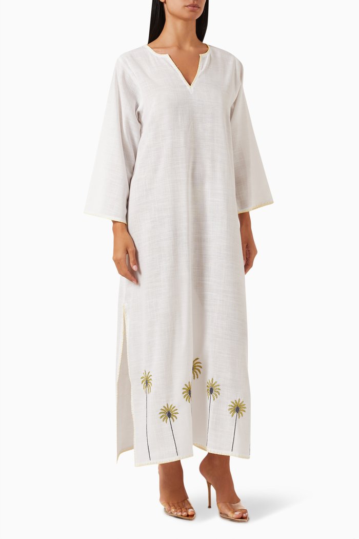 

Palm Tree Embroidered Maxi Dress in Linen, White