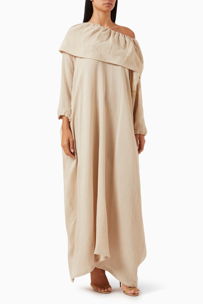 

Palm Tree One-shoulder Maxi Dress in Cotton, Neutral