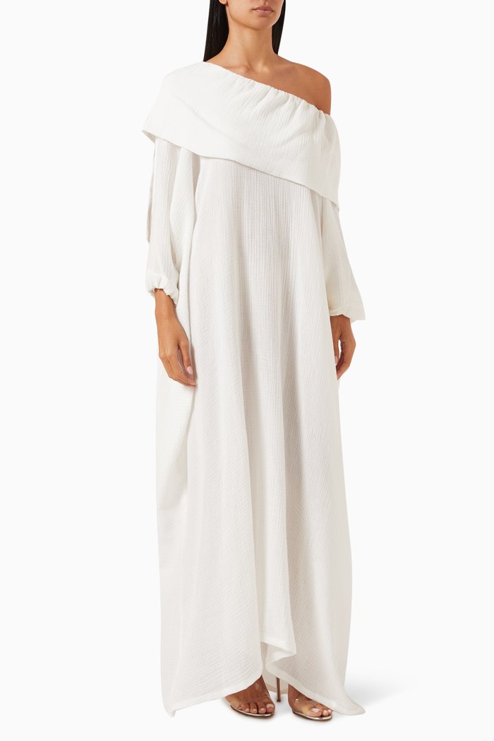 

Palm Tree One-shoulder Maxi Dress in Cotton, White