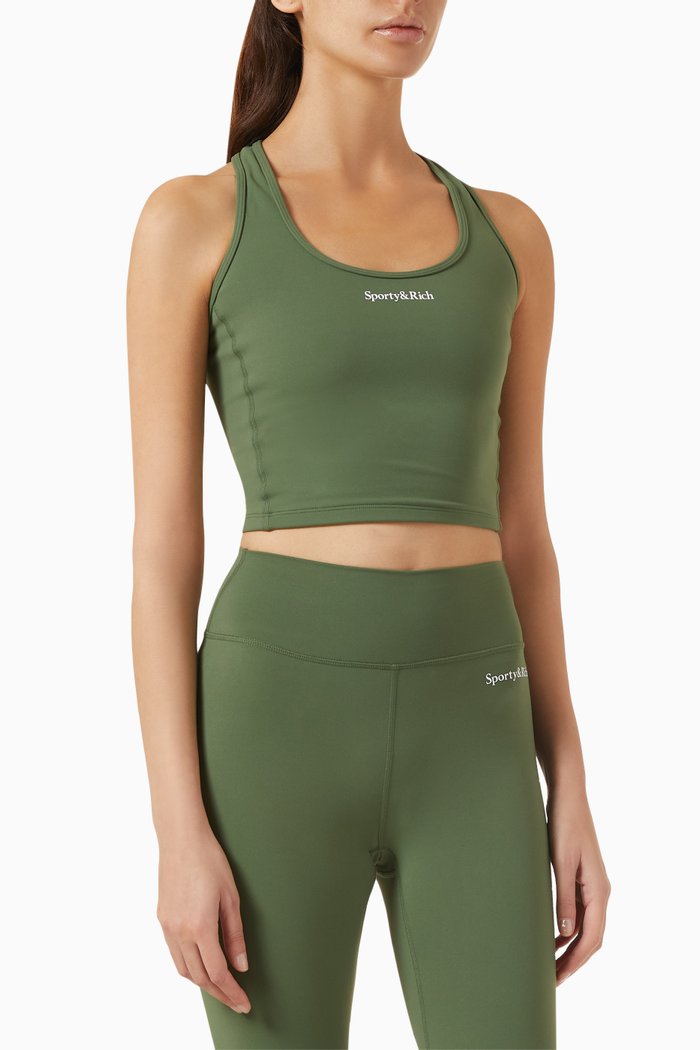 Serif Logo Sports Cropped Tank Top in Stretch Nylon, Green