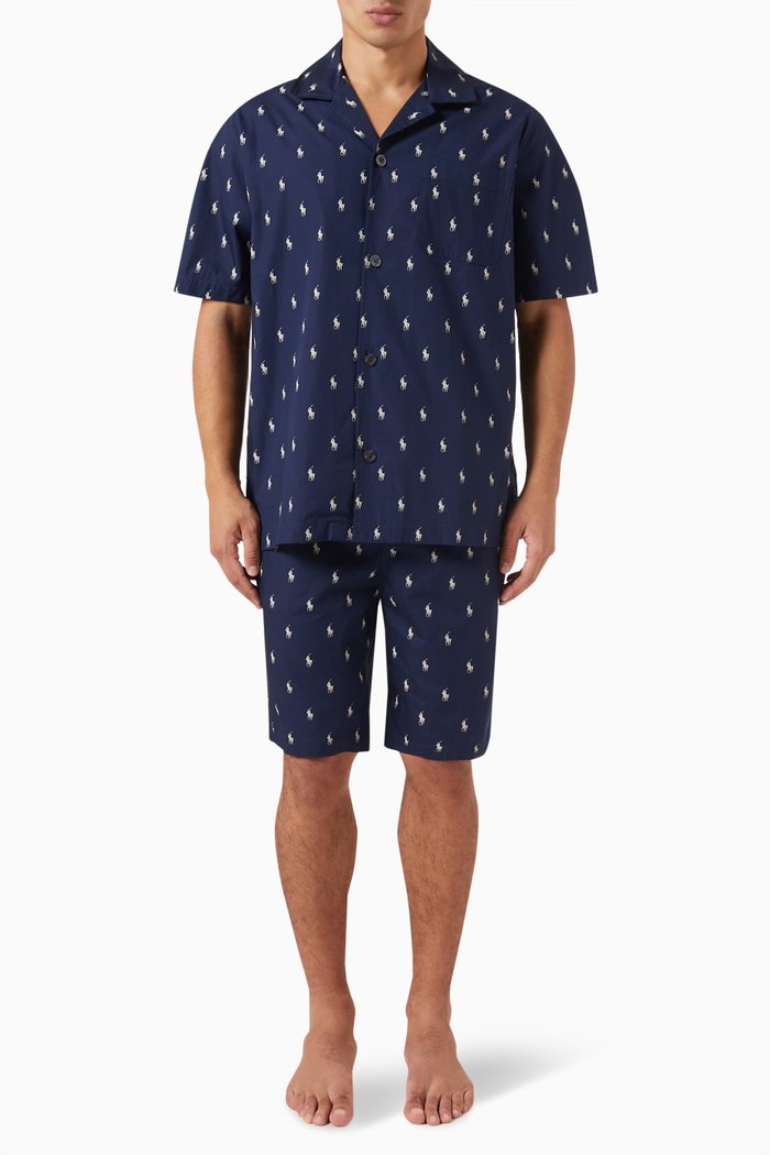 

Logo Print Pyjama Set in Cotton, Blue