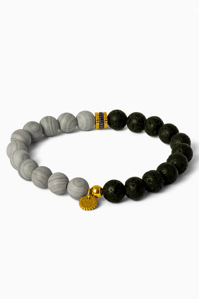

Gear Trio Bracelet in Lava Beads & Wood Jasper, Grey