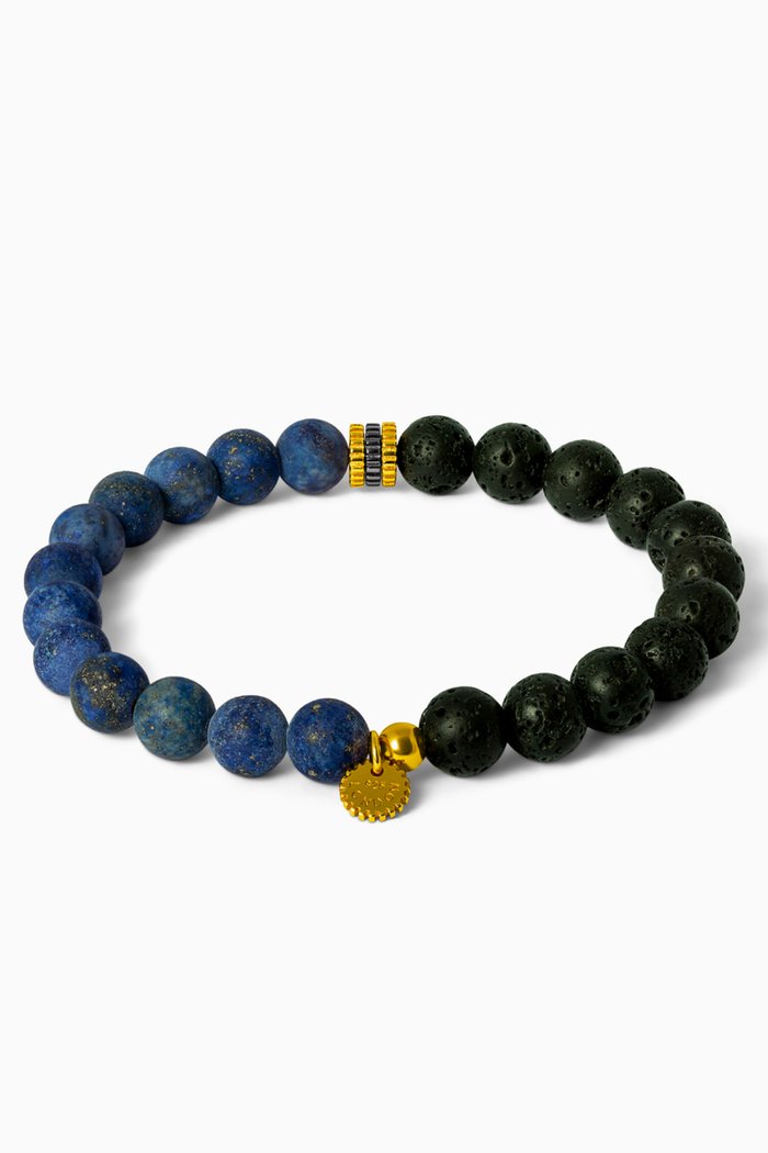 

Gear Trio Bracelet in Lava Beads & Lapis, Blue