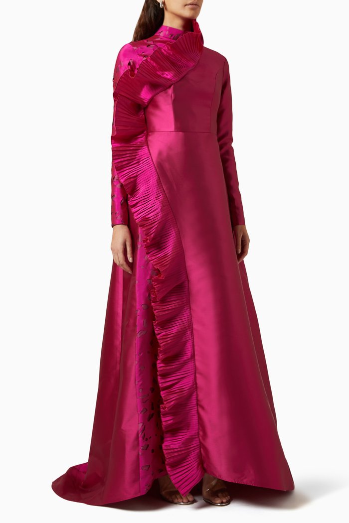 

High-neckline Maxi Dress in Taffeta & Satin, Pink