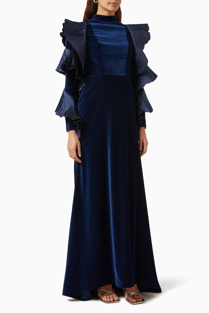 

Ruffled Maxi Dress in Taffeta & Velvet, Blue