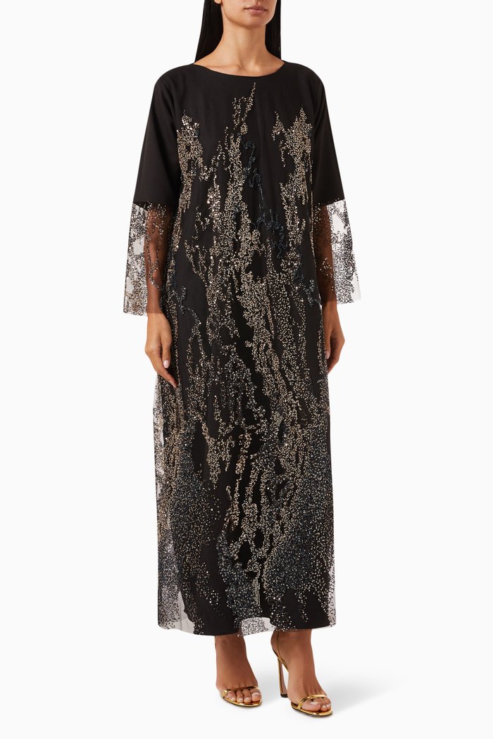 

Curved07 Embellished Abaya Set in Tulle, Black