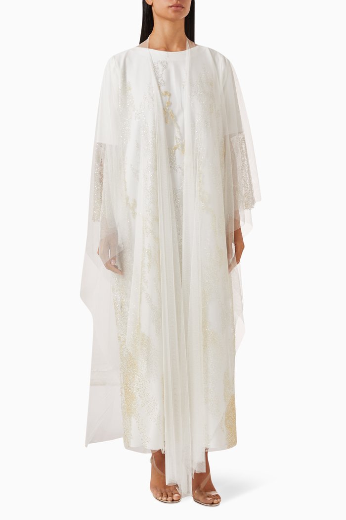 

Curved06 Embellished Abaya Set in Tulle, White