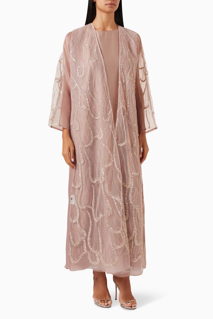 

Curved04 Embroidered Abaya Set in Organza, Pink